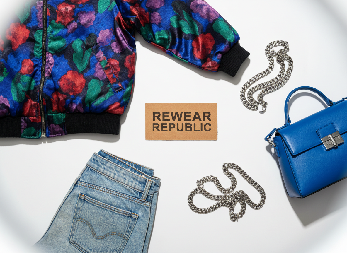 A meticulously arranged flat lay of secondhand fashion treasures spread across a clean white studio surface: a boldly patterned vintage satin bomber jacket in jewel tones, perfectly faded high-waisted denim with frayed hems, a structured faux-leather mini bag in electric cobalt, and chunky silver chain accessories with a subtle patina. A recycled cardboard tag stamped “Rewear Republic” lies center stage with crisp black ink. Shot in photographic realism from a bird’s eye view, under bright, diffused studio lighting that eliminates harsh shadows. The mood is bold and energetic yet curated, with strong contrast and saturated color. Background details blur gently toward the edges, emphasizing the central pieces in a modern, editorial e-commerce style composition.