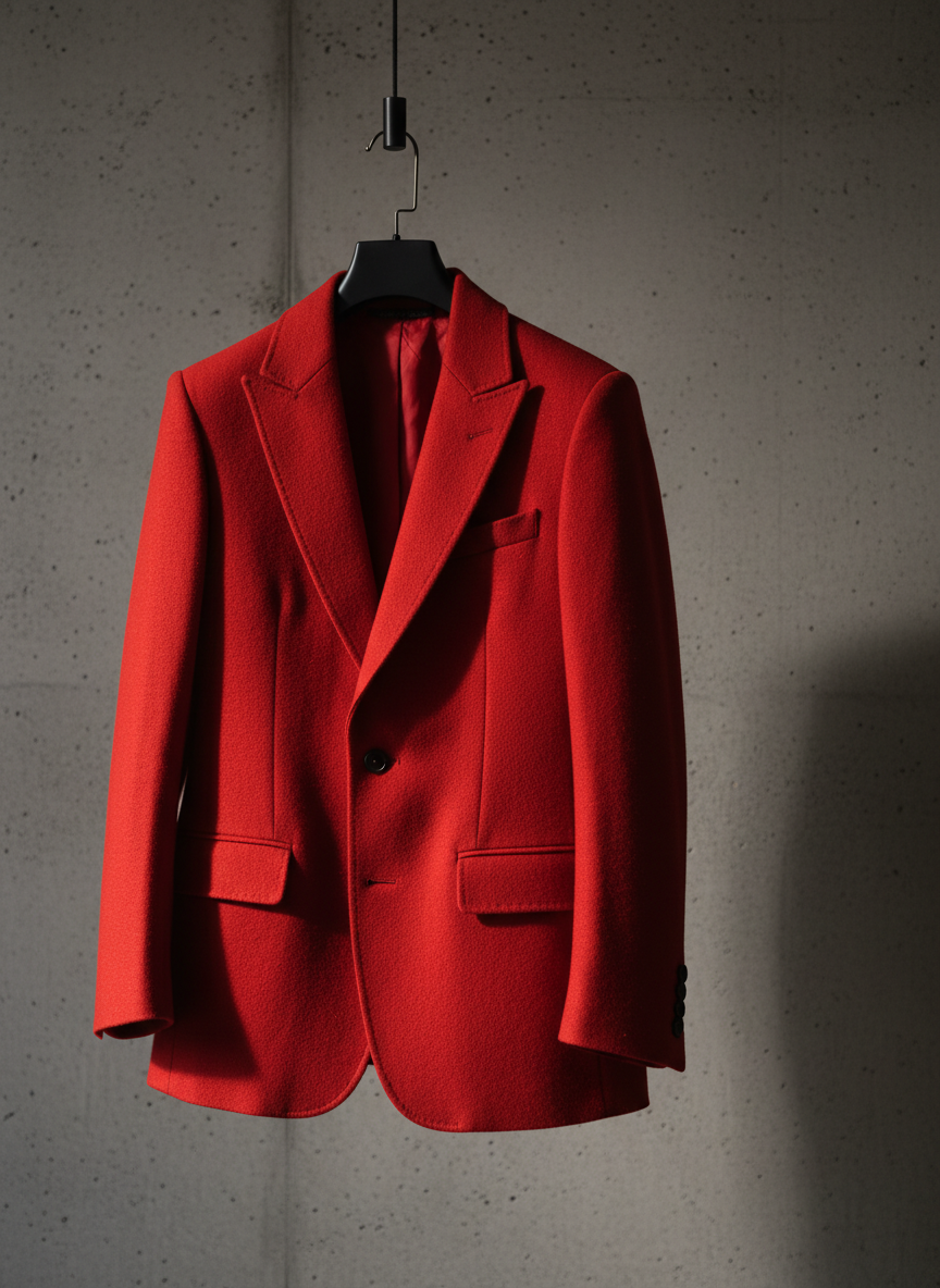 A single, statement secondhand blazer in vibrant fire-engine red wool, sharply tailored and hanging on a matte black metal hanger made from recycled material, suspended against a smooth concrete wall. The blazer’s texture and slightly worn seams are captured in crisp photographic realism, celebrating its rescued character. Dramatic side lighting from the left creates bold shadows and highlights along the lapels and pockets, giving the scene a powerful, fashion-forward mood. The composition uses rule of thirds, with negative space on one side for copy. The atmosphere feels urban, edgy, and sustainable, like a boutique lookbook, with controlled depth of field keeping the blazer in razor-sharp focus while the concrete subtly softens behind it.