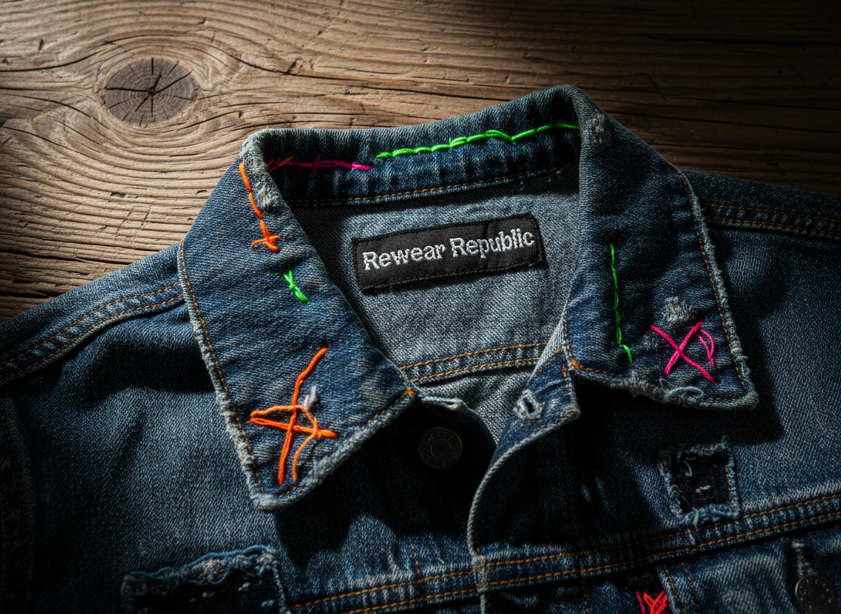 A dramatic close-up of a secondhand denim jacket collar, richly textured with intentional fading, subtle whiskering, and repaired stitching in contrasting neon thread. A bold, black woven label reading “Rewear Republic” stands out against the indigo fabric. The jacket lies on a reclaimed wood surface with visible grain and knotted imperfections. Hard, directional lighting from above and slightly behind creates crisp highlights along the frayed edges and deep shadows in the seams, resulting in a bold, high-contrast photographic image. The composition is tight and asymmetrical, with the collar cutting diagonally through the frame. The mood is rebellious yet purposeful, emphasizing rescue, repair, and attitude, like a macro fashion editorial shot for a conscious streetwear label.